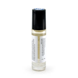 Third Eye Chakra roller bottle showing back of roller bottle and crushed clear quartz gemstones. Soul Ritual chakra roller bottle collection for Third Eye chakra infused with reiki, clear quartz and chakra essential oil blend for your energetic well-being.